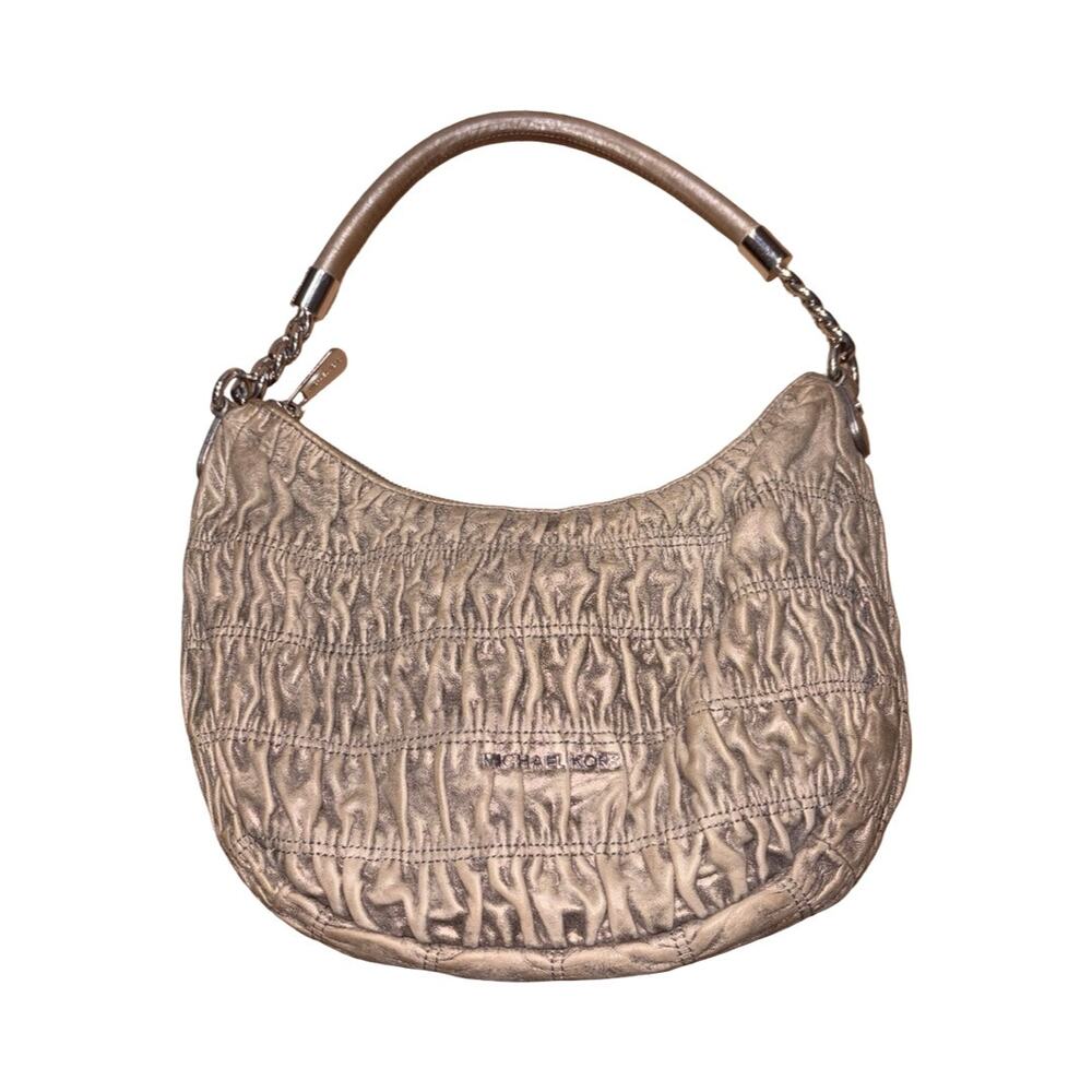 Michael Kors WEBSTER Metallic Gold Ruched Pleated Leather Shoulder Bag